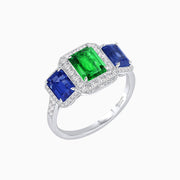 Art Deco Inspired Emerald Cut Three-Stone Diamond Halo Ring - Shahin Jewelry